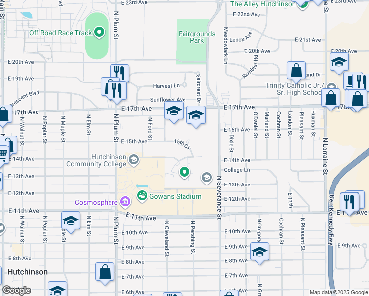 map of restaurants, bars, coffee shops, grocery stores, and more near 803 15th Circle in Hutchinson