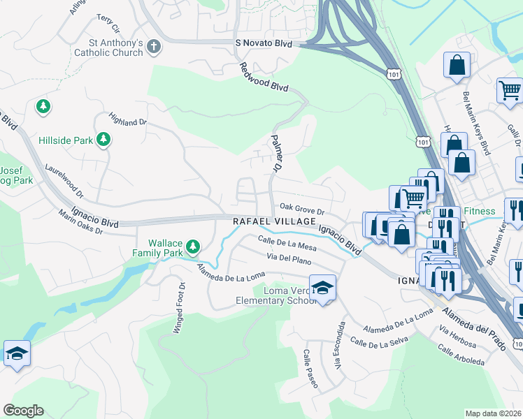 map of restaurants, bars, coffee shops, grocery stores, and more near 19 Palmer Drive in Novato
