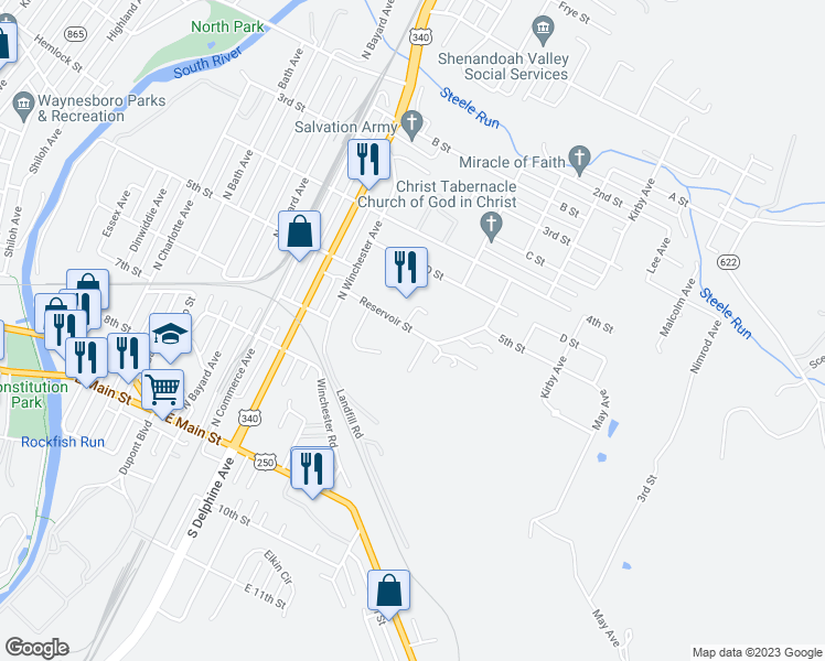 map of restaurants, bars, coffee shops, grocery stores, and more near Reservoir Street in Waynesboro