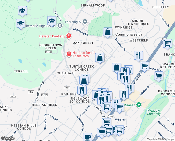 map of restaurants, bars, coffee shops, grocery stores, and more near 127 Turtle Creek Road in Charlottesville