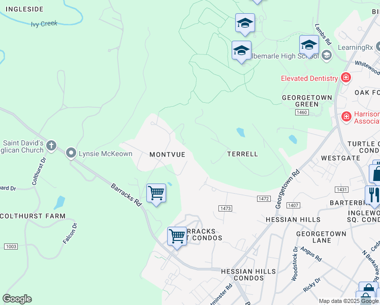map of restaurants, bars, coffee shops, grocery stores, and more near 211 Montvue Drive in Charlottesville