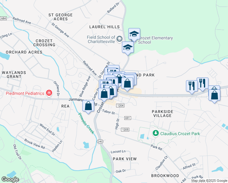 map of restaurants, bars, coffee shops, grocery stores, and more near in Crozet