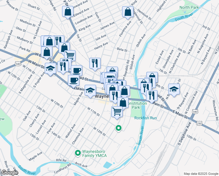 map of restaurants, bars, coffee shops, grocery stores, and more near 501 West Broad Street in Waynesboro