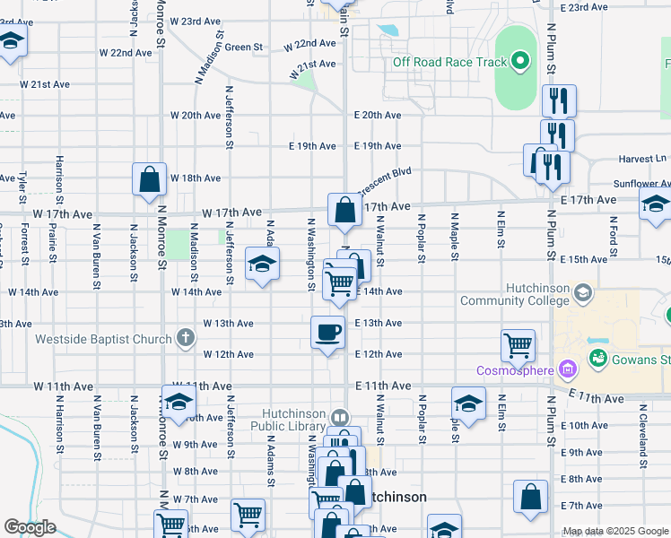 map of restaurants, bars, coffee shops, grocery stores, and more near 1503 North Main Street in Hutchinson