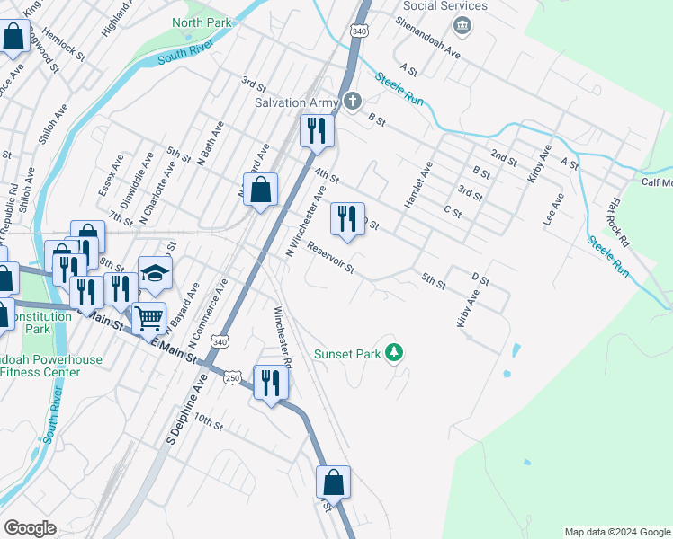 map of restaurants, bars, coffee shops, grocery stores, and more near 1040 Reservoir Street in Waynesboro