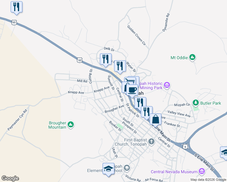 map of restaurants, bars, coffee shops, grocery stores, and more near 214 Knapp Avenue in Tonopah