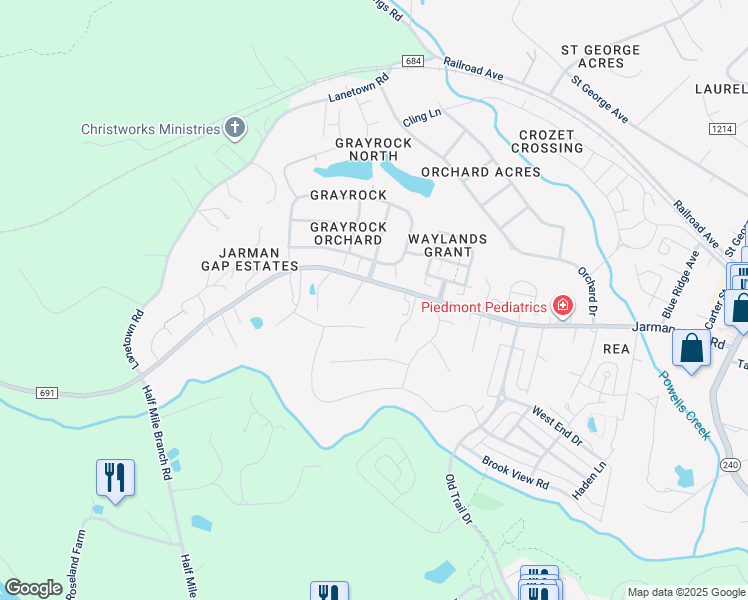 map of restaurants, bars, coffee shops, grocery stores, and more near Jarmans Gap Road in Crozet
