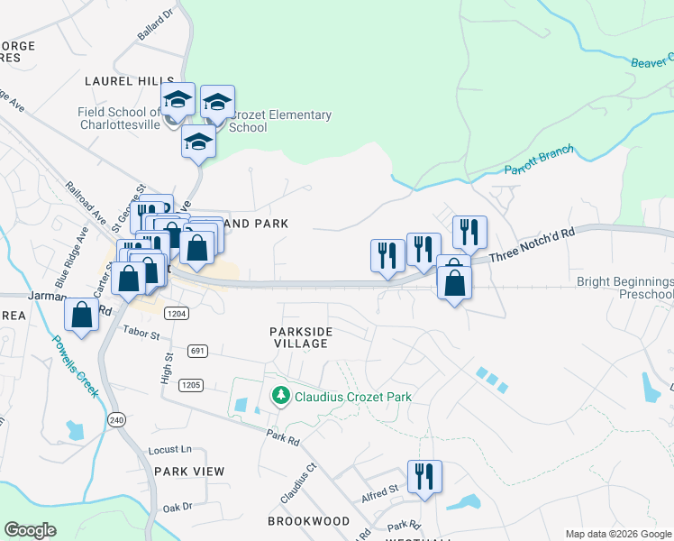 map of restaurants, bars, coffee shops, grocery stores, and more near 5566 3 Notch'd Rd in Crozet