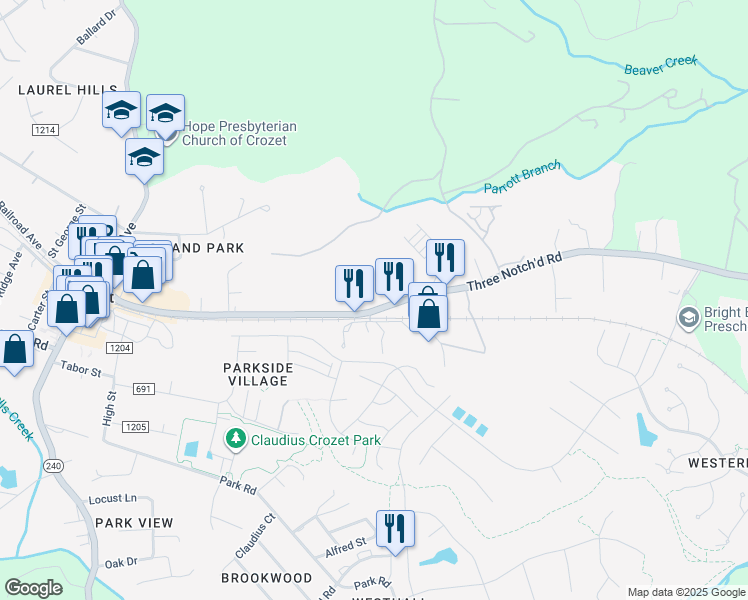 map of restaurants, bars, coffee shops, grocery stores, and more near 5466 3 Notch'd Rd in Crozet