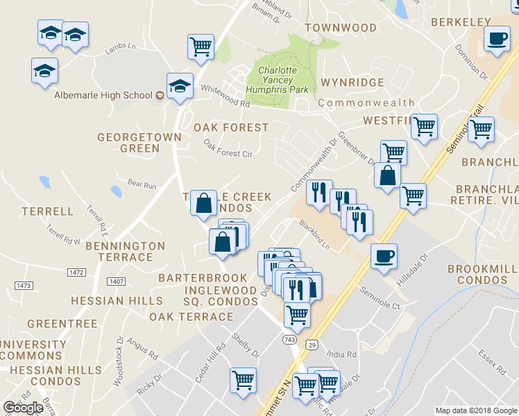 map of restaurants, bars, coffee shops, grocery stores, and more near 117 Green Turtle Lane in Charlottesville