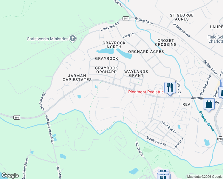 map of restaurants, bars, coffee shops, grocery stores, and more near 6147-6175 Jarmans Gap Rd in Crozet