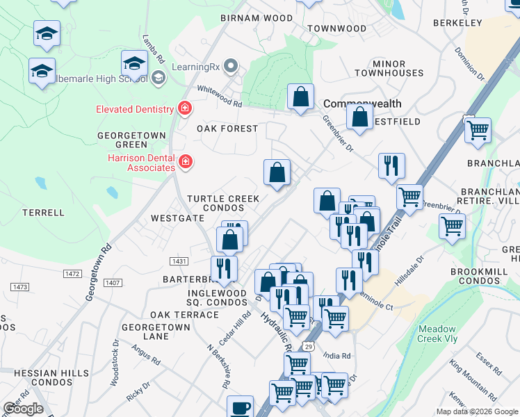 map of restaurants, bars, coffee shops, grocery stores, and more near 138 Green Turtle Lane in Charlottesville