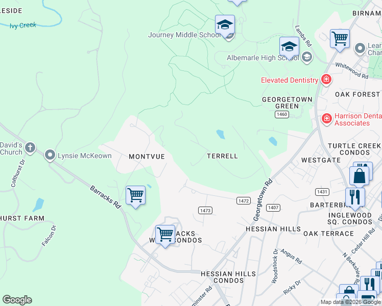 map of restaurants, bars, coffee shops, grocery stores, and more near 315 Terrell Road West in Charlottesville