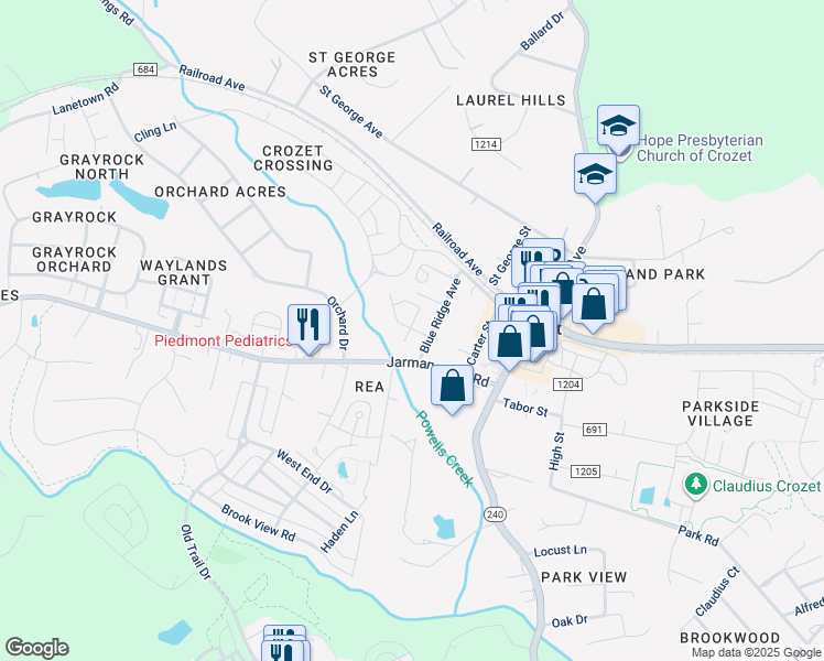 map of restaurants, bars, coffee shops, grocery stores, and more near 1216 State Route 1201 in Crozet