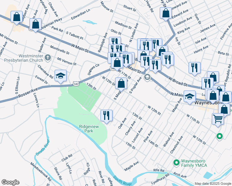 map of restaurants, bars, coffee shops, grocery stores, and more near 373 South Magnolia Avenue in Waynesboro