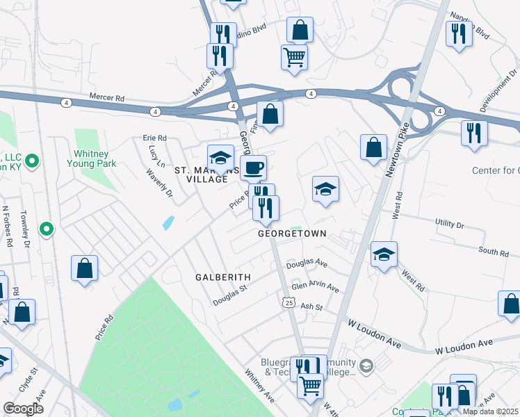 map of restaurants, bars, coffee shops, grocery stores, and more near 866 Georgetown Street in Lexington