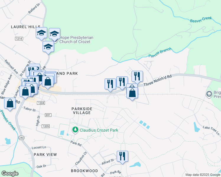 map of restaurants, bars, coffee shops, grocery stores, and more near 5466 3 Notch'd Rd in Crozet