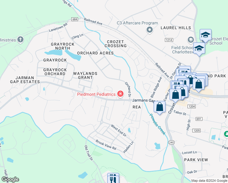 map of restaurants, bars, coffee shops, grocery stores, and more near 2117 Bargamin Loop in Crozet