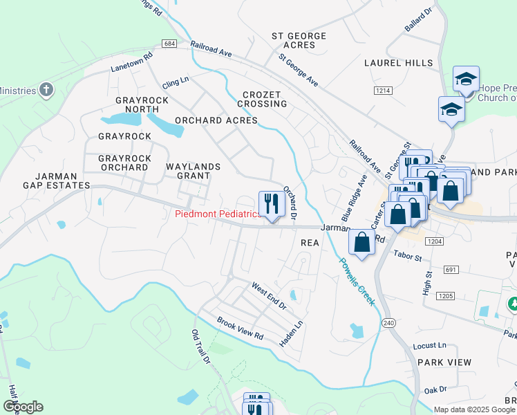 map of restaurants, bars, coffee shops, grocery stores, and more near 2117 Bargamin Loop in Crozet