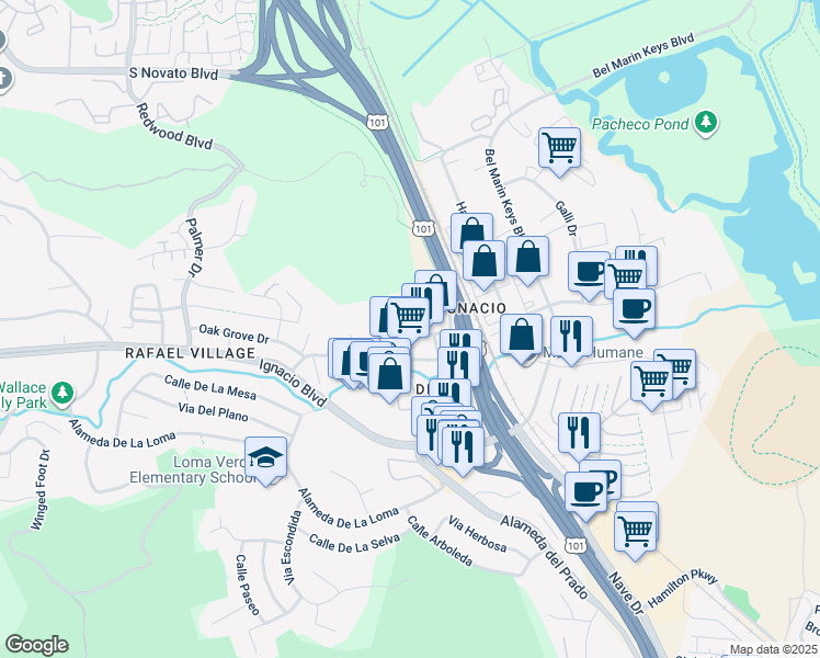 map of restaurants, bars, coffee shops, grocery stores, and more near 450 Entrada Drive in Novato
