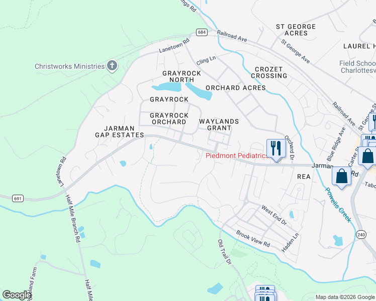 map of restaurants, bars, coffee shops, grocery stores, and more near 6118-6144 Jarmans Gap Rd in Crozet