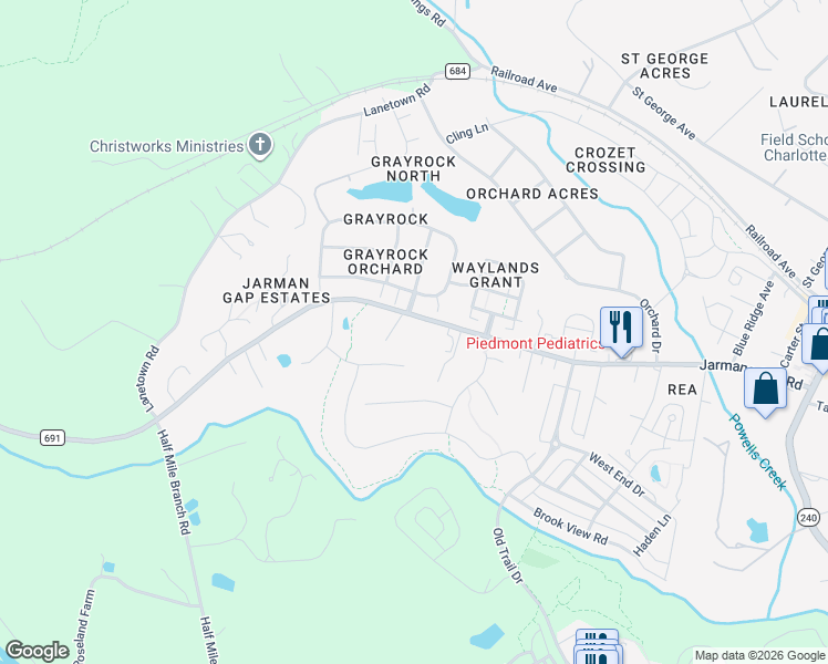 map of restaurants, bars, coffee shops, grocery stores, and more near 6118-6144 Jarmans Gap Rd in Crozet