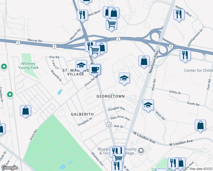 map of restaurants, bars, coffee shops, grocery stores, and more near 866 Georgetown Street in Lexington