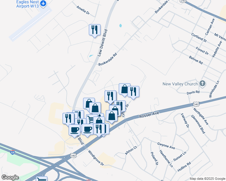 map of restaurants, bars, coffee shops, grocery stores, and more near Sunbird Lane in Waynesboro