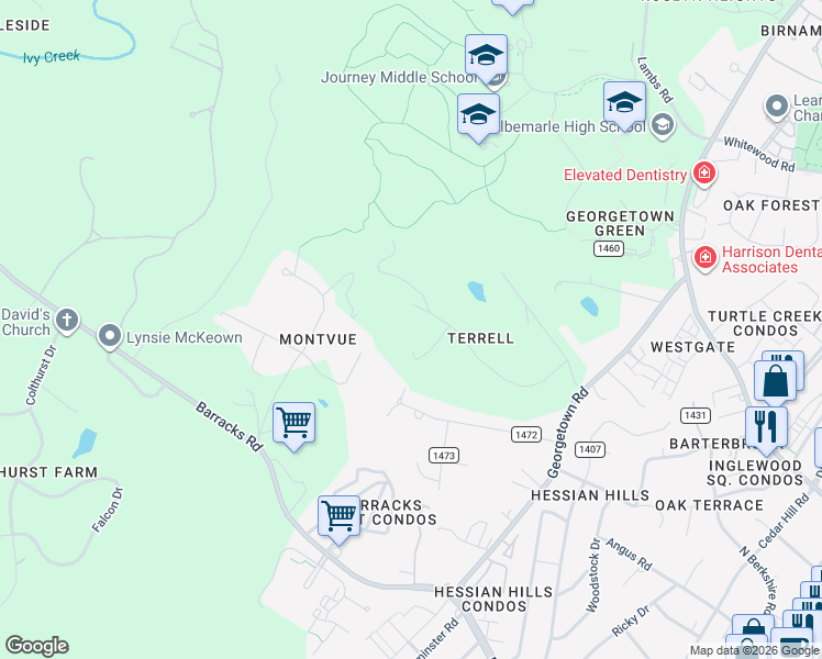 map of restaurants, bars, coffee shops, grocery stores, and more near 315 Terrell Road West in Charlottesville