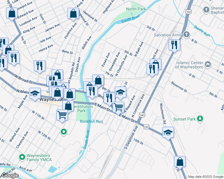 map of restaurants, bars, coffee shops, grocery stores, and more near 216 North Charlotte Avenue in Waynesboro