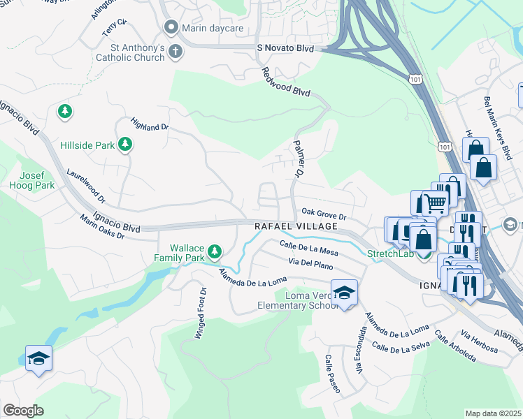 map of restaurants, bars, coffee shops, grocery stores, and more near 302 Ignacio Valley Circle in Novato