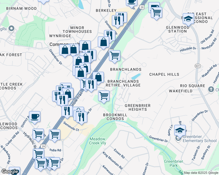 map of restaurants, bars, coffee shops, grocery stores, and more near 532 Westfield Road in Charlottesville