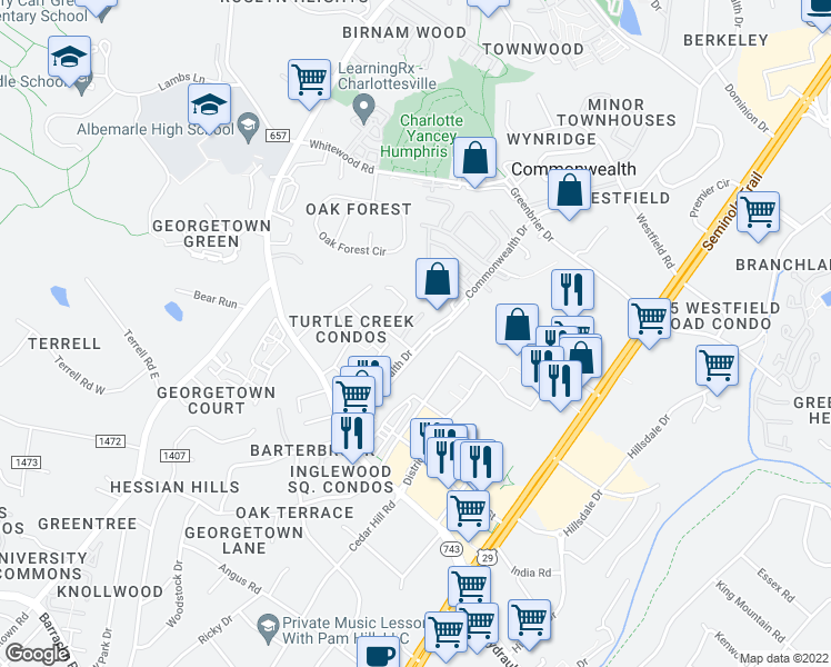 map of restaurants, bars, coffee shops, grocery stores, and more near 138 Green Turtle Lane in Charlottesville