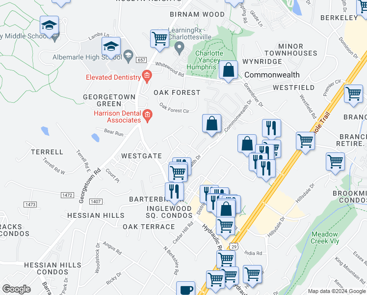map of restaurants, bars, coffee shops, grocery stores, and more near 127 Turtle Creek Road in Charlottesville