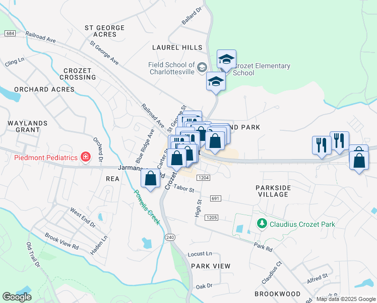 map of restaurants, bars, coffee shops, grocery stores, and more near in Crozet