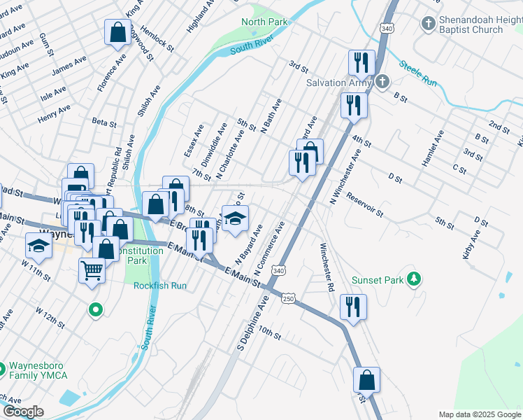 map of restaurants, bars, coffee shops, grocery stores, and more near 537 7th Street in Waynesboro