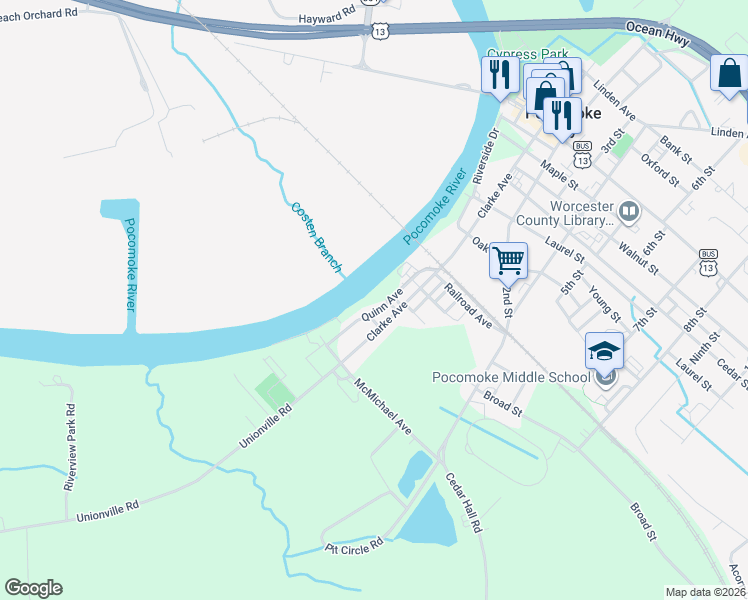 map of restaurants, bars, coffee shops, grocery stores, and more near 917 Clarke Avenue in Pocomoke City