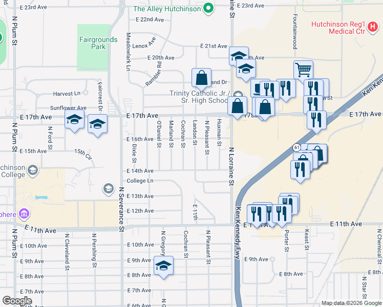 map of restaurants, bars, coffee shops, grocery stores, and more near 1522 Landon Street in Hutchinson