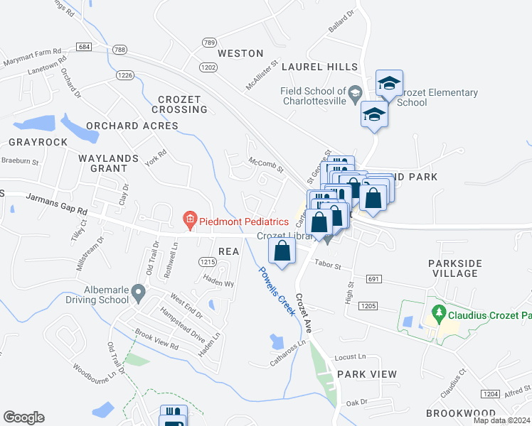 map of restaurants, bars, coffee shops, grocery stores, and more near 1194 Blue Ridge Avenue in Crozet