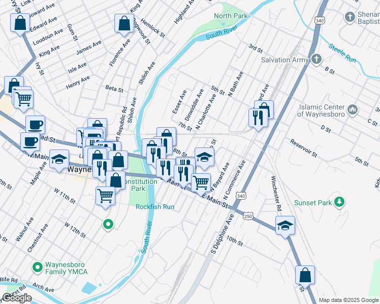 map of restaurants, bars, coffee shops, grocery stores, and more near 216 North Charlotte Avenue in Waynesboro