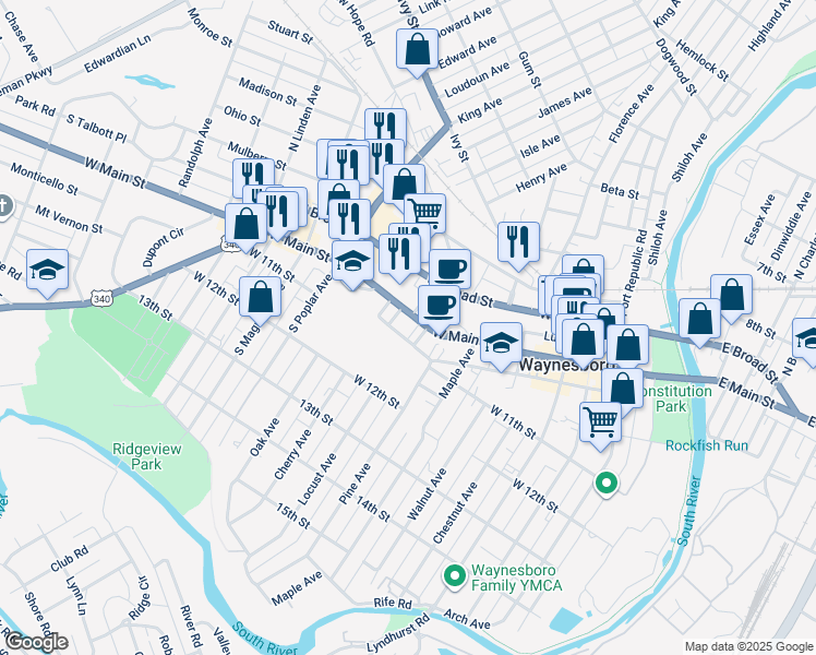 map of restaurants, bars, coffee shops, grocery stores, and more near 1012 West Main Street in Waynesboro