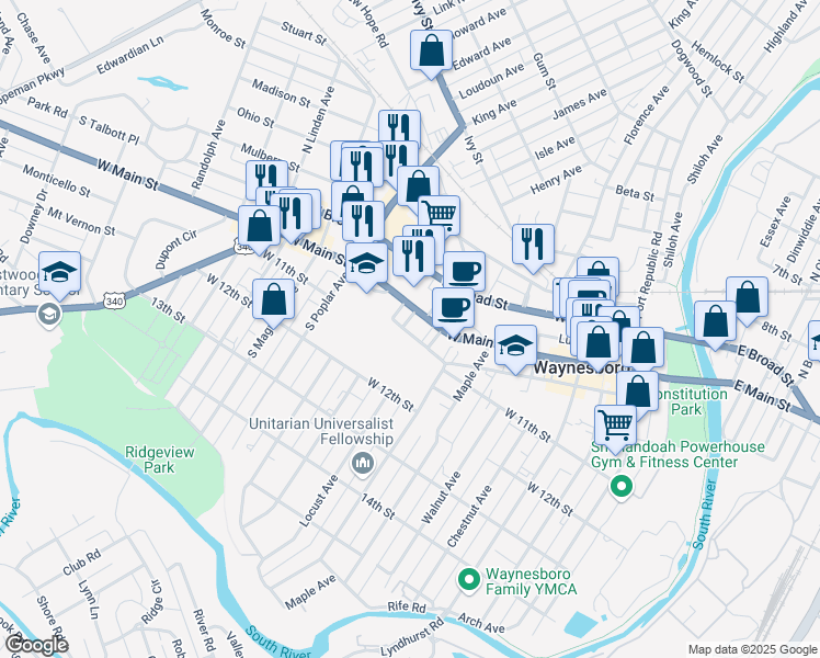 map of restaurants, bars, coffee shops, grocery stores, and more near 1200 West Main Street in Waynesboro