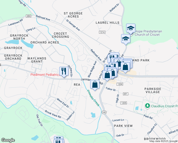 map of restaurants, bars, coffee shops, grocery stores, and more near 1194 State Route 1201 in Crozet