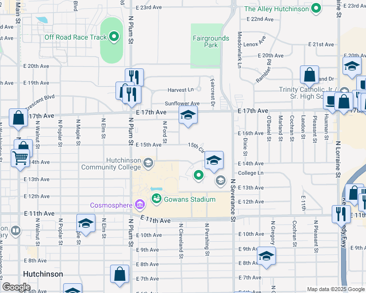 map of restaurants, bars, coffee shops, grocery stores, and more near 803 15th Circle in Hutchinson