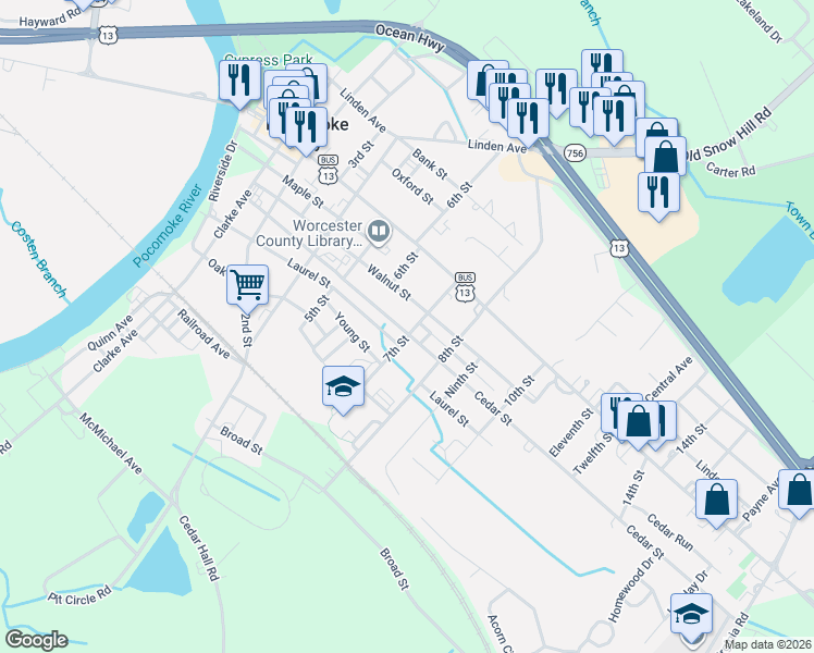 map of restaurants, bars, coffee shops, grocery stores, and more near 614 Walnut Street in Pocomoke City