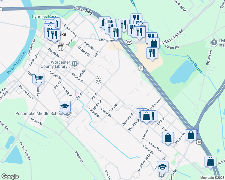 map of restaurants, bars, coffee shops, grocery stores, and more near 809 Market Street in Pocomoke City