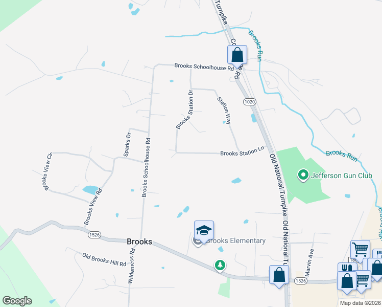 map of restaurants, bars, coffee shops, grocery stores, and more near 517 Brooks Station Lane in Brooks
