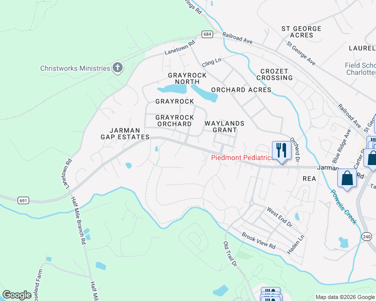 map of restaurants, bars, coffee shops, grocery stores, and more near 6118-6144 Jarmans Gap Rd in Crozet