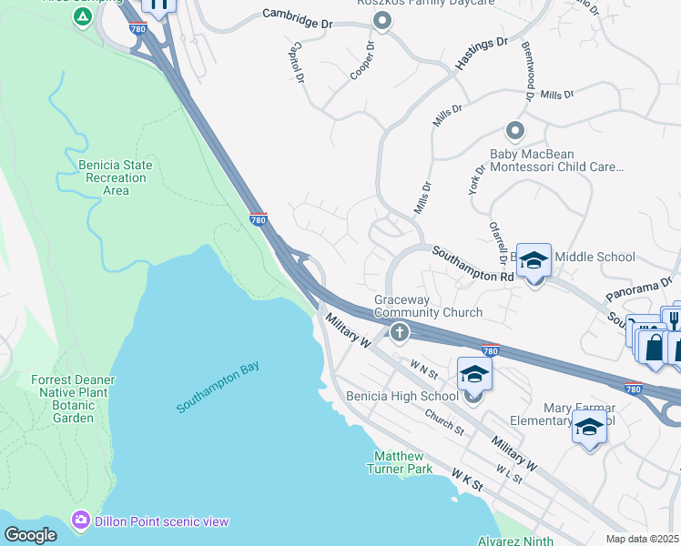 map of restaurants, bars, coffee shops, grocery stores, and more near 1470 London Circle in Benicia