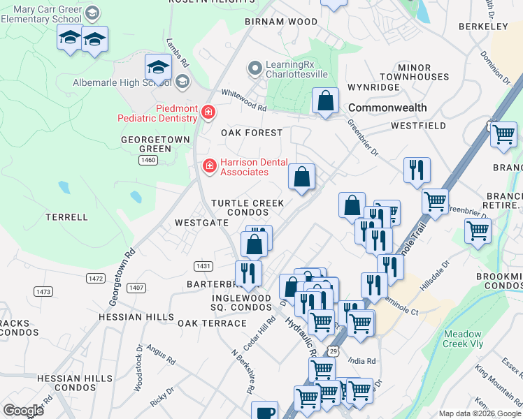 map of restaurants, bars, coffee shops, grocery stores, and more near 127 Turtle Creek Road in Charlottesville